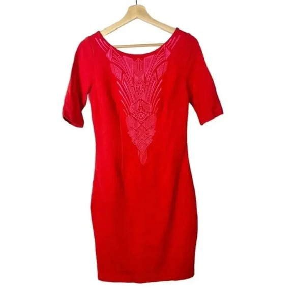 Laundry by Shelli Segal Red & Pink Embroidered Ponte Pencil Dress 4 - Picture 2 of 5